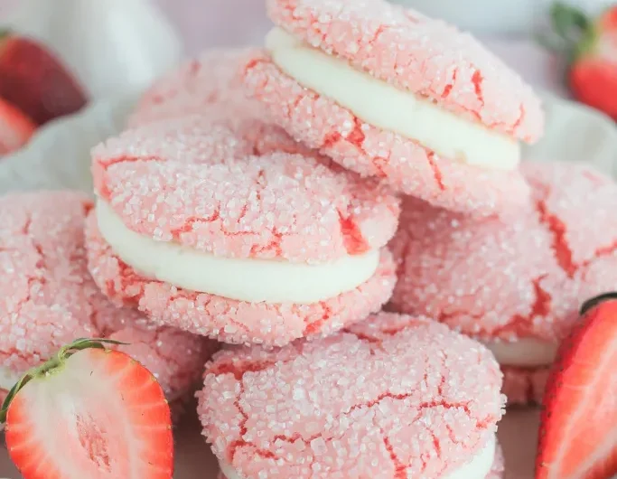 Macaron aux fraise de couleur rose sur une assiette blanche avec des fraises coupés en deux